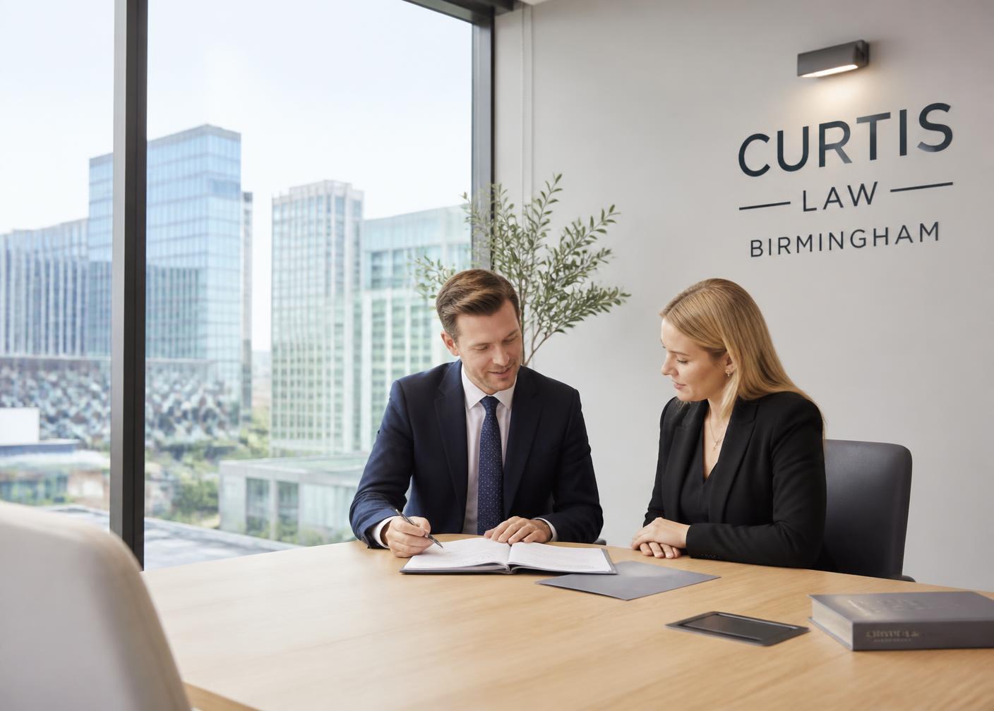 Legal advisors reviewing documents in a Birmingham consultancy meeting room